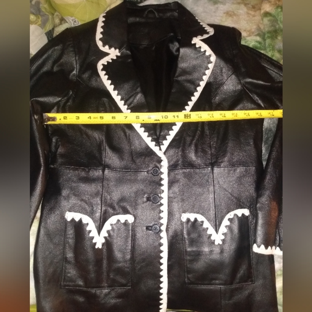 Chic Black Pleather Jacket with White Trim
